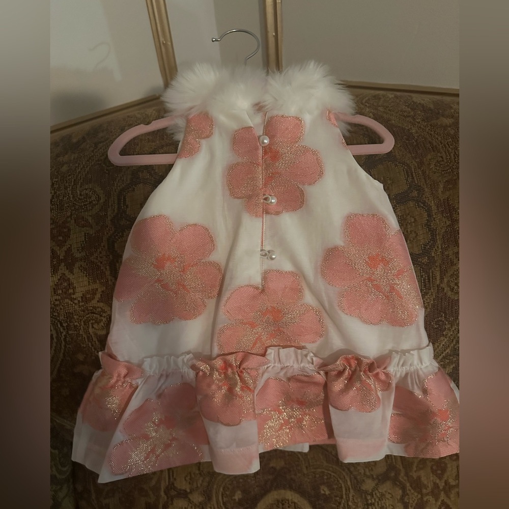 Floral Janie and Jack baby dress with fur collar